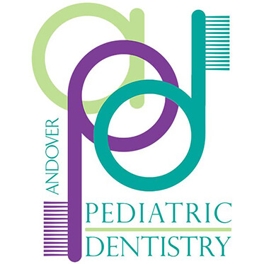 Light green, purple and teal Andover Pediatric Dentistry logo, where the P and D form toothbrushes